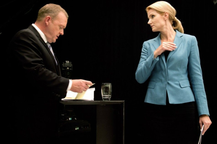 Rasmussen, Danish prime minister and leader of Liberal Party, and Thorning-Schmidt, leader of Social Democratic Party, are seen before debate in Copenhagen