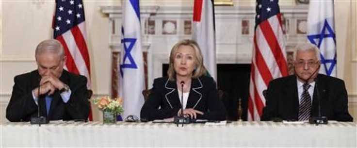 U.S. Secretary of State Clinton with Netanyahu and Abbas during peace talks in Washington