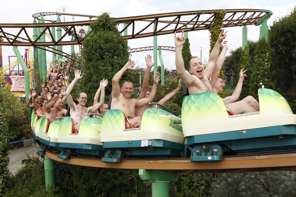 Thrillseekers take part in a world record-breaking nude rollercoaster ride