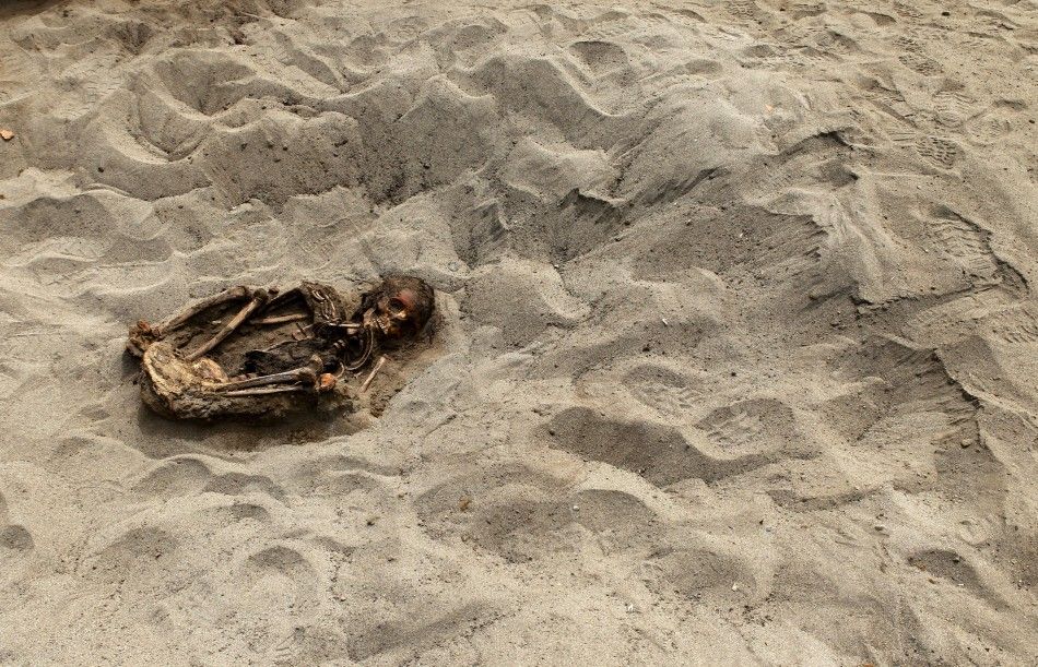 The remains of a child is seen, part of the 42 children and 74 camelids remains unearthed that were sacrificed approximately 800 years ago in the fishing town of Huanchaquito, Trujillo