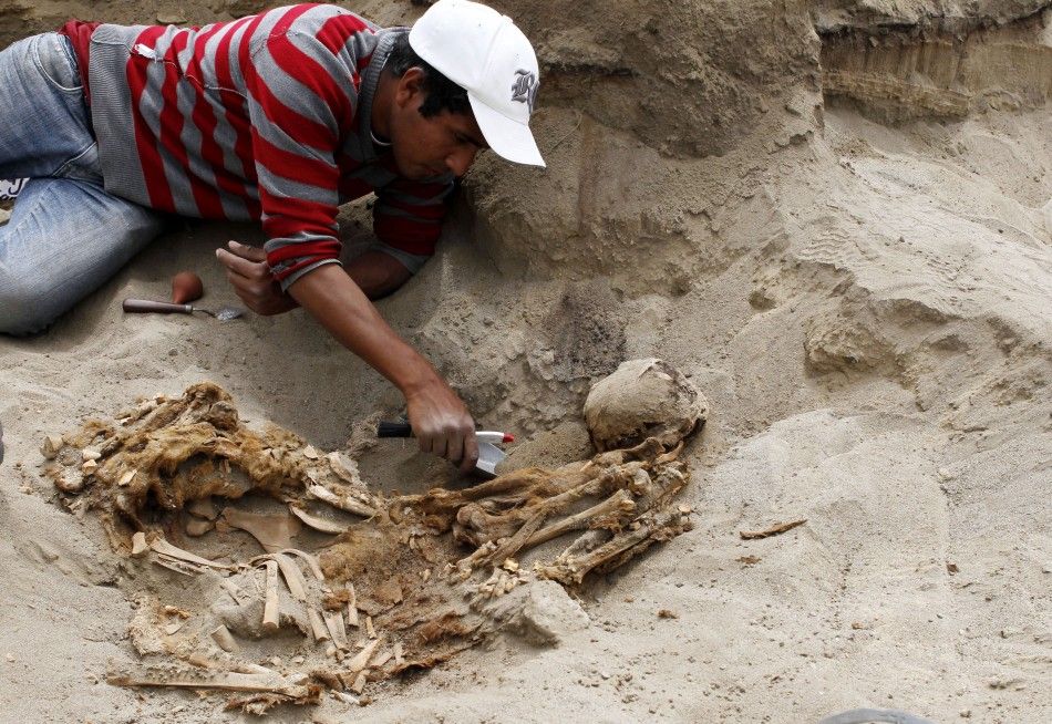 An archaeological student cleans one of the unearthed remains of 42 children and 74 camelids, sacrificed approximately 800 years ago and found in the fishing town of Huanchaquito