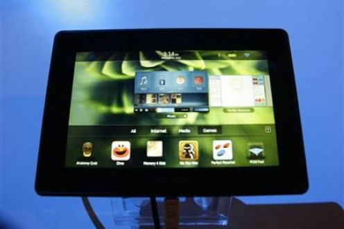 A new Blackberry tablet, the PlayBook tablet computer, is displayed at the GSMA Mobile World Congress in Barcelona