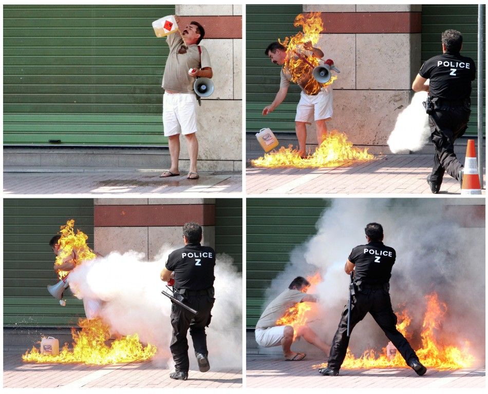 Shocking Photos of Greek Man Setting Himself on Fire