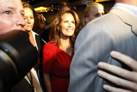 U.S. Republican presidential candidate, Rep. Michele Bachmann (R-MN), leaves after delivering her speech at the California Republican Party fall convention in Los Angeles