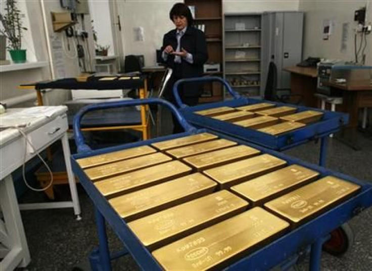 Trays with gold ingots are placed in a room for final weighing and packaging at the Krastsvetmet plant in the Siberian city of Krasnoyarsk