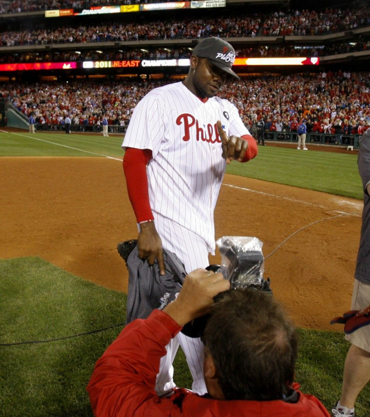 Phillies&#039; Howard gestures to a photographer after the team clinched the Eastern Division title in their National League MLB baseball game in Philadelphia