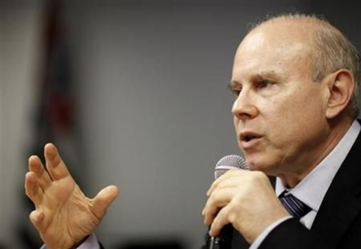 Brazil's Finance Economy Guido Mantega gestures as he attends a news conference in Sao Paulo