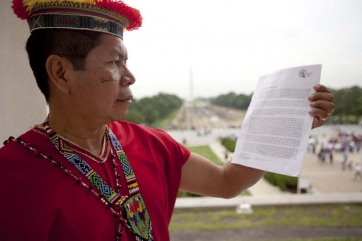 A tribal leader of the indigenous Secoya people of Ecuador's northern Amazon rainforest at the Lincoln Memorial in Washington on May 19, 2011.