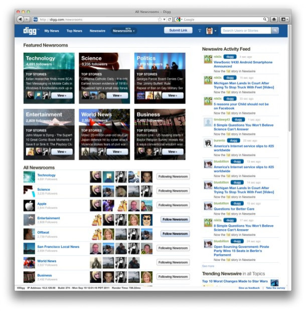 Newsrooms is a new way to find relevant content on Digg's aggregator site. Courtesy/Digg.com