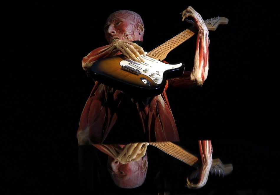 A plastinated human body posed with an electric guitar is seen during the exhibition quotBody Worldsquot by Gunther von Hagen in Rome 