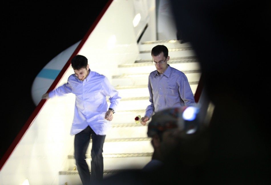 Shane Bauer and Josh Fattal, U.S. hikers who were held in Iran on charges of espionage, arrive in Muscat after their release from Tehrans Evin prison