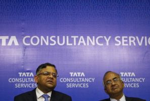 Chief Executive of Tata Consultancy Services Chandrasekaran and Chief Financial Officer Mahalingam attend a news conference to announce the company&#039;s Q4 results in Mumbai