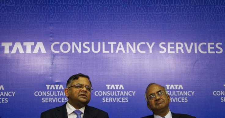 Chief Executive of Tata Consultancy Services Chandrasekaran and Chief Financial Officer Mahalingam attend a news conference to announce the company&#039;s Q4 results in Mumbai