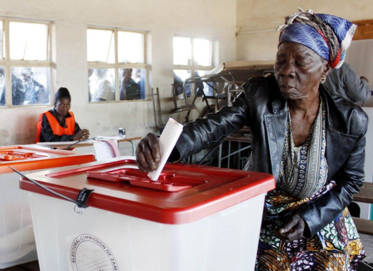 Mary Kapela casts her vote during the presidential election in Zambia at Chibolya Basic School