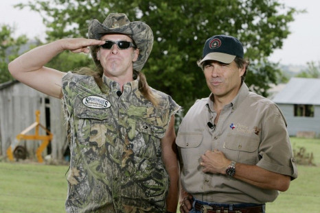 Texas Governor Perry and rock star Ted Nugent during television interview in Crawford.
