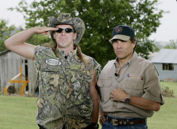 Texas Governor Perry and rock star Ted Nugent during television interview in Crawford.