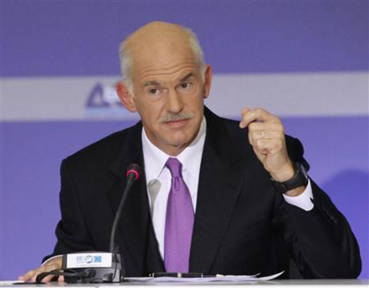 Greece's Prime Minister George Papandreou delivers a speech during a news conference in Thessaloniki