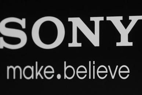 The Sony logo and slogan are pictured on a backdrop at a special screening of the new film Colombiana in Los Angeles, California