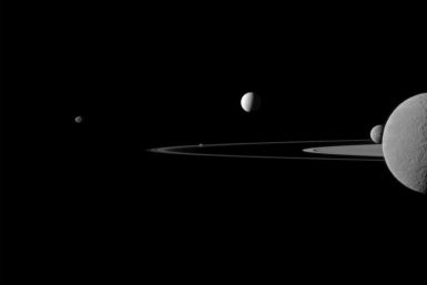 Five Moons of Saturn circled around its rings