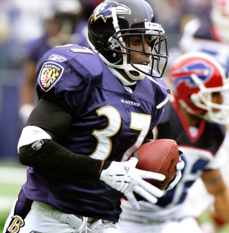 Ravens Deion Sanders runs back interception against Bills for a touchdown.