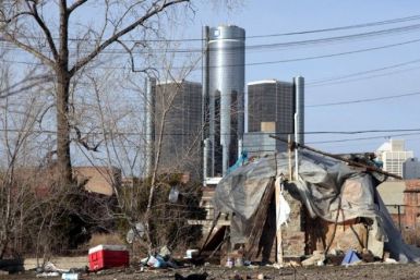 A makeshift homeless persons' structure is seen in Detroit.