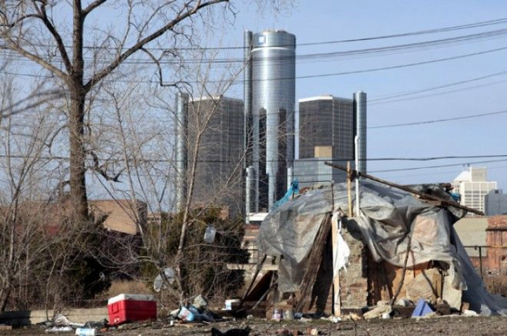 A makeshift homeless persons' structure is seen in Detroit.