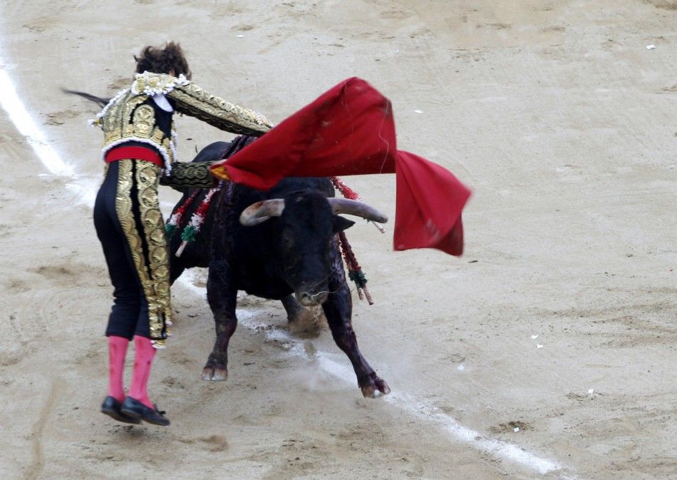 Spanish bullfighter Jose Tomas tries to kill a bull during the last bullfight