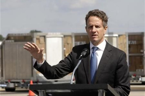 Treasury Secretary Geithner addresses members of media about President Obama&#039;s jobs bill during a tour of UPS&#039; World Port air hub in Louisville
