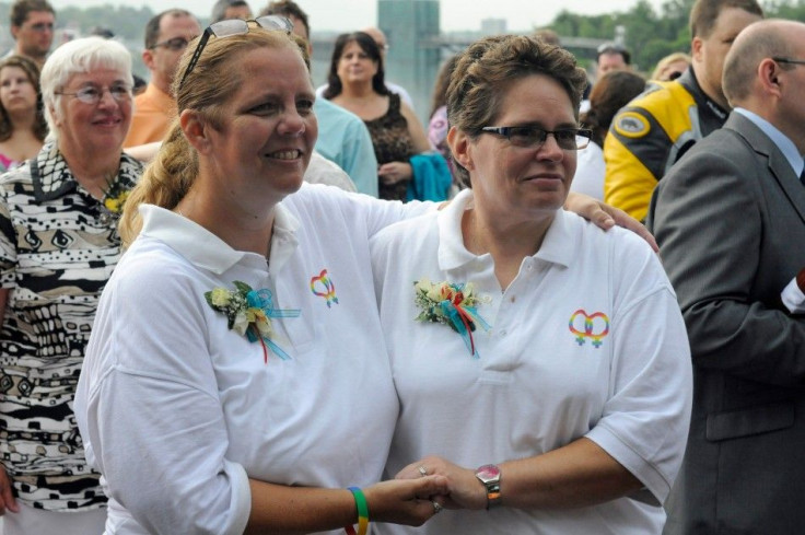 Nancy and Sharon Gerbracht are among forty six couples wed in a large same-sex ceremony, near the brink of Niagara Falls, in Niagara Falls