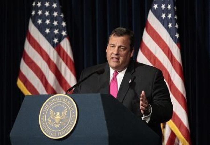 Republican New Jersey Governor Chris Christie speaks at the Ronald Reagan Presidential Library and Museum in Simi Valley, California