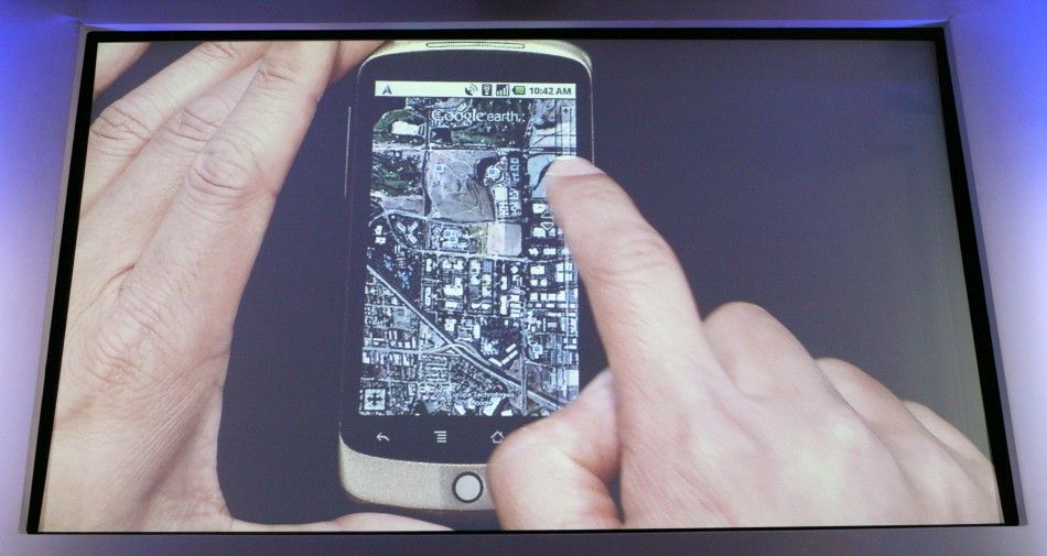 A screen shot of Google Earth on the Google Nexus One smartphone is shown during the unveiling of the first mobile phone the internet company will sell directly to consumers