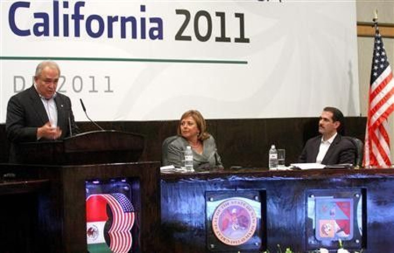 Governor of Baja California Guadalupe Osuna Millan (L) addresses the audience next to Governor of New Mexico Susana Martinez (C) and Governor of Sonora Guillermo Padres Elias at the annual conference of regional leaders from both sides of the border in So