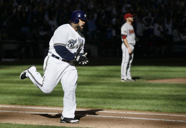 Brewers Prince Fielder celebrates two-run homerun against the Arizona Diamondbacks in Milwaukee