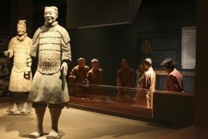 Two Chinese terracotta warriors are shown on display at the Bower Museum in Santa Ana, California