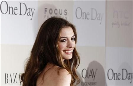 Cast member Anne Hathaway arrives for the premiere of the film ''One Day'' in New York