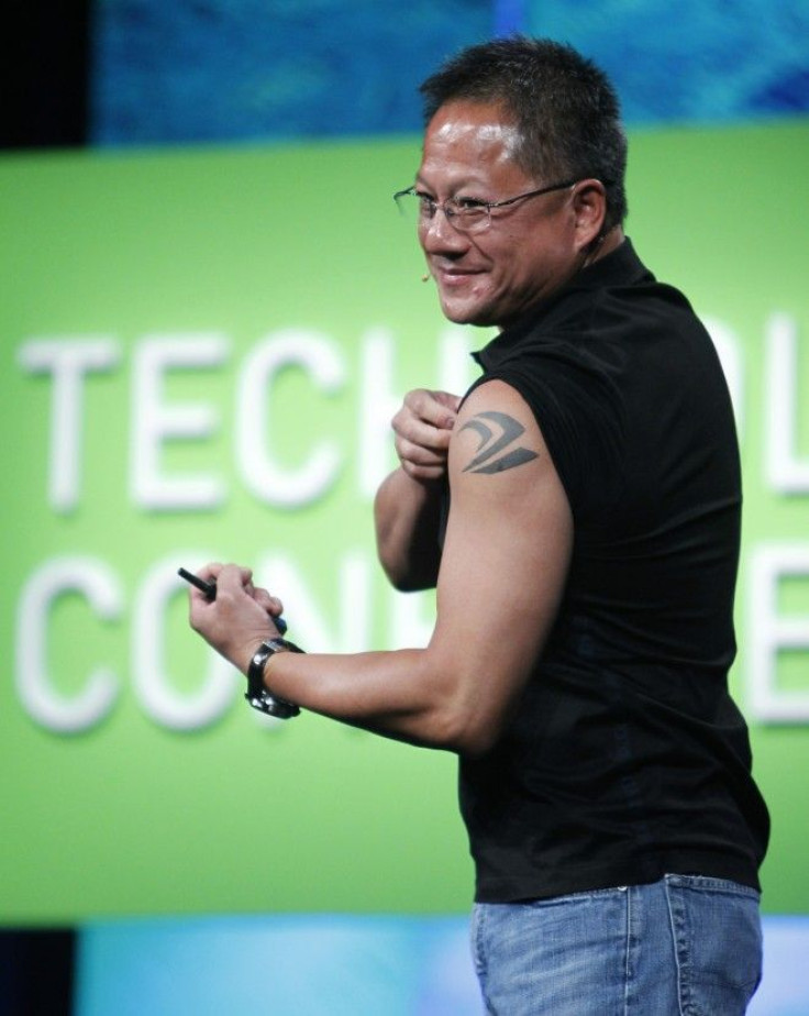 NVIDIA President and CEO Jen-Hsun Huang displays a tattoo during his keynote address at the GPU Technology Conference. 