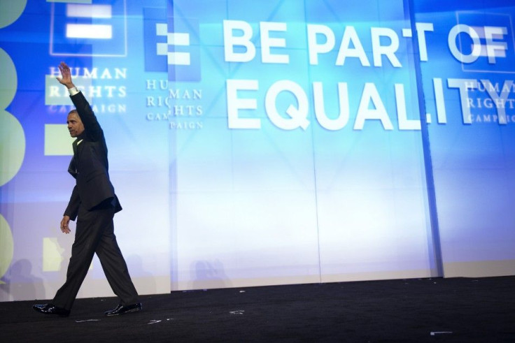 U.S. President Barack Obama departs after remarks at the Human Rights Campaign's annual dinner in Washington, October 1, 2011.