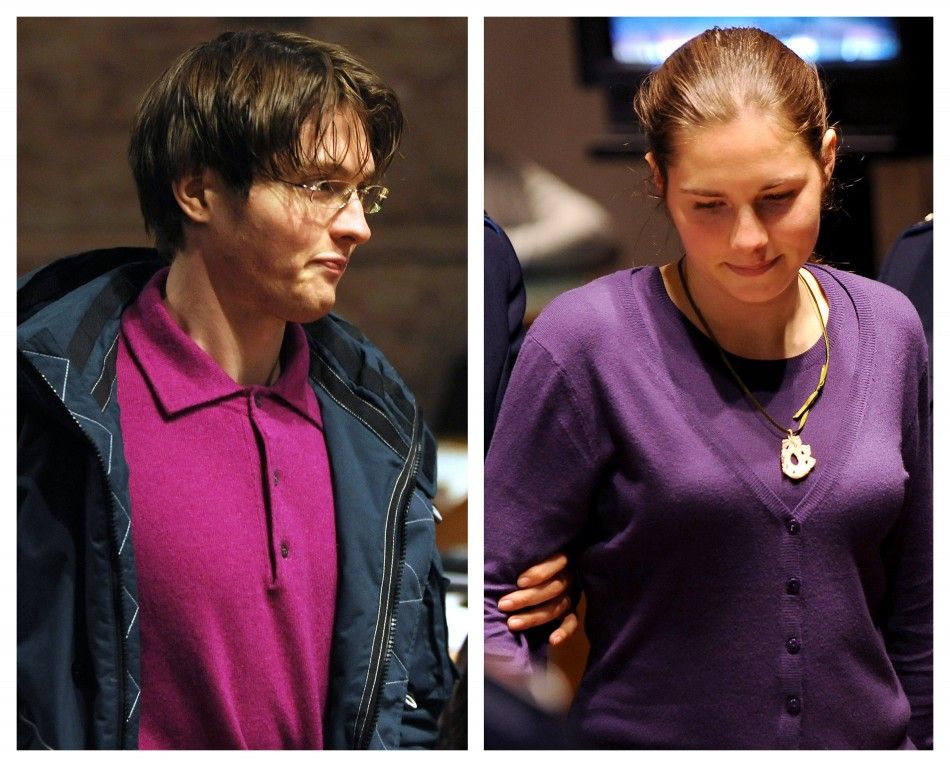 A combination photo shows jailed murder suspects Raffaele Sollecito L and Amanda Knox entering a trial session in Perugia 