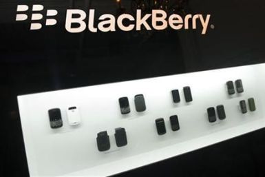 Blackberry devices are displayed at a release party to promote the BlackBerry OS 7 devices in Toronto