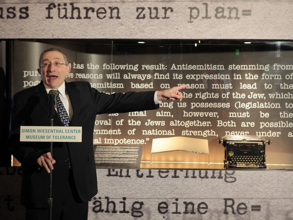 Rabbi Marvin Hier, founder and dean of the Simon Wiesenthal Center Museum of Tolerance, unveils a copy of the Gemlich Letter, written by Adolf Hitler in 1919, in Los Angeles, California 