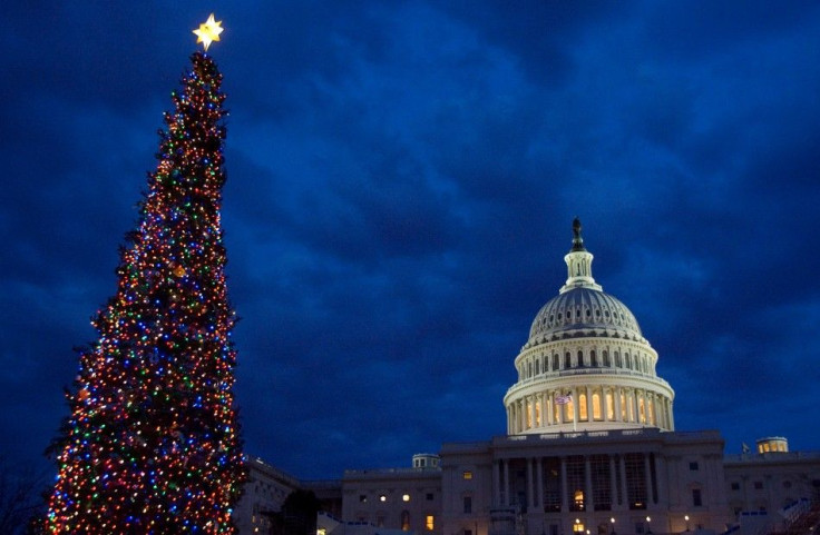 The U.S. Capitol Christmas Tree stands lit with the U.S. Capitol in the background in Washington