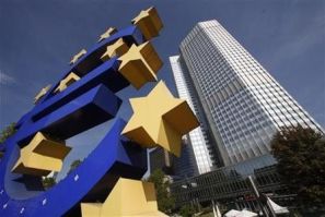 A huge Euro logo is pictured past the headquarters of the European Central Bank (ECB) in Frankfurt, September 29, 2011.