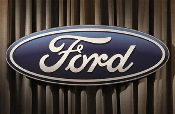 The Ford Motor Company logo is shown during the firm's annual meeting of shareholders in Wilmington