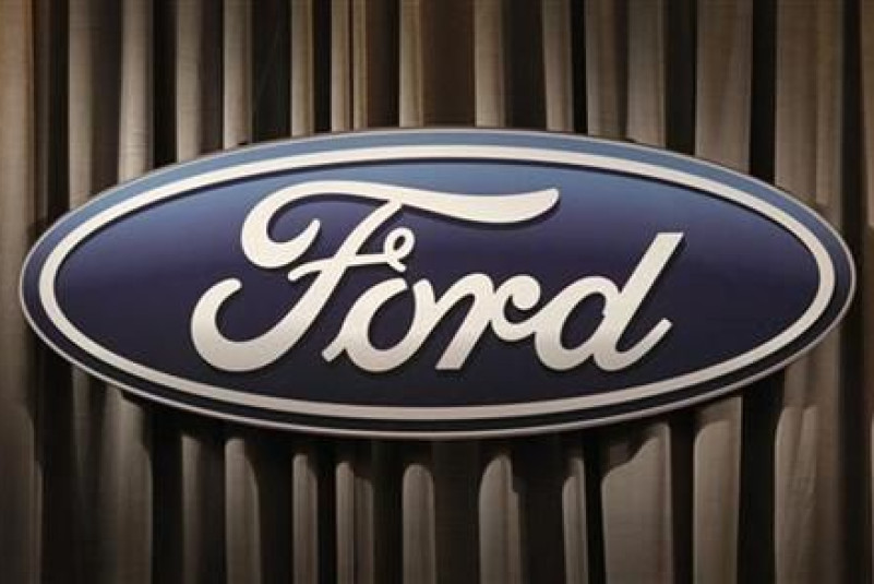 The Ford Motor Company logo is shown during the firm's annual meeting of shareholders in Wilmington