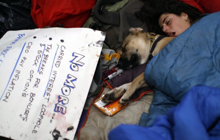 An Occupy Wall Street protester and her dog sleep at Zuccotti Park in lower Manhattan in New York 