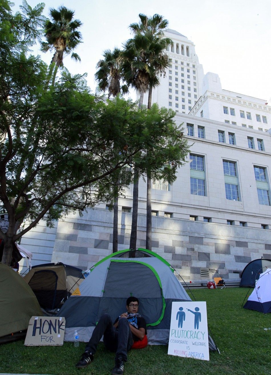 Protesters camp in front of City Hall in support of the New York Occupy Wall Street protests in Los Angeles, California 