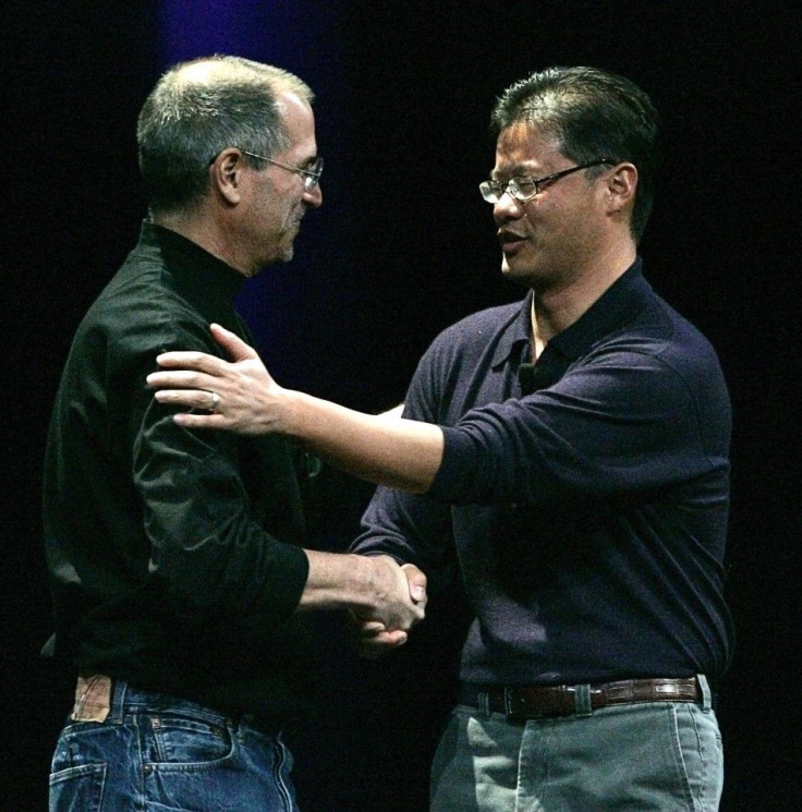 File photo of Apple Computer Inc. Chief Executive Officer Steve Jobs shakes hands with Jerry Yang, co-founder of Yahoo!, after introducing the new iPhone in San Francisco