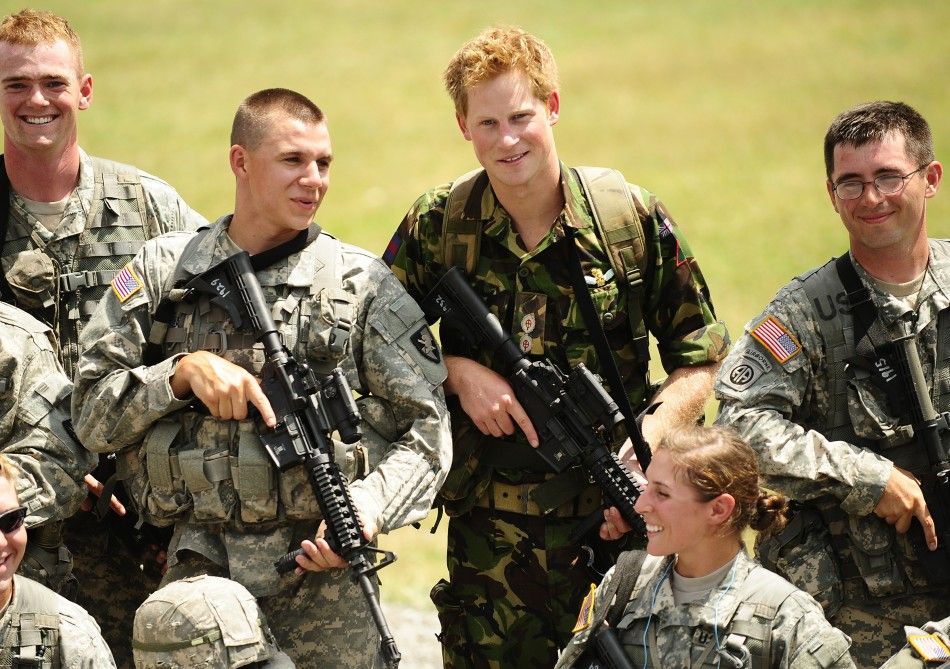 Britians Prince Harry poses with US military cadets during a visit to the US Military Academy at West Point in New York