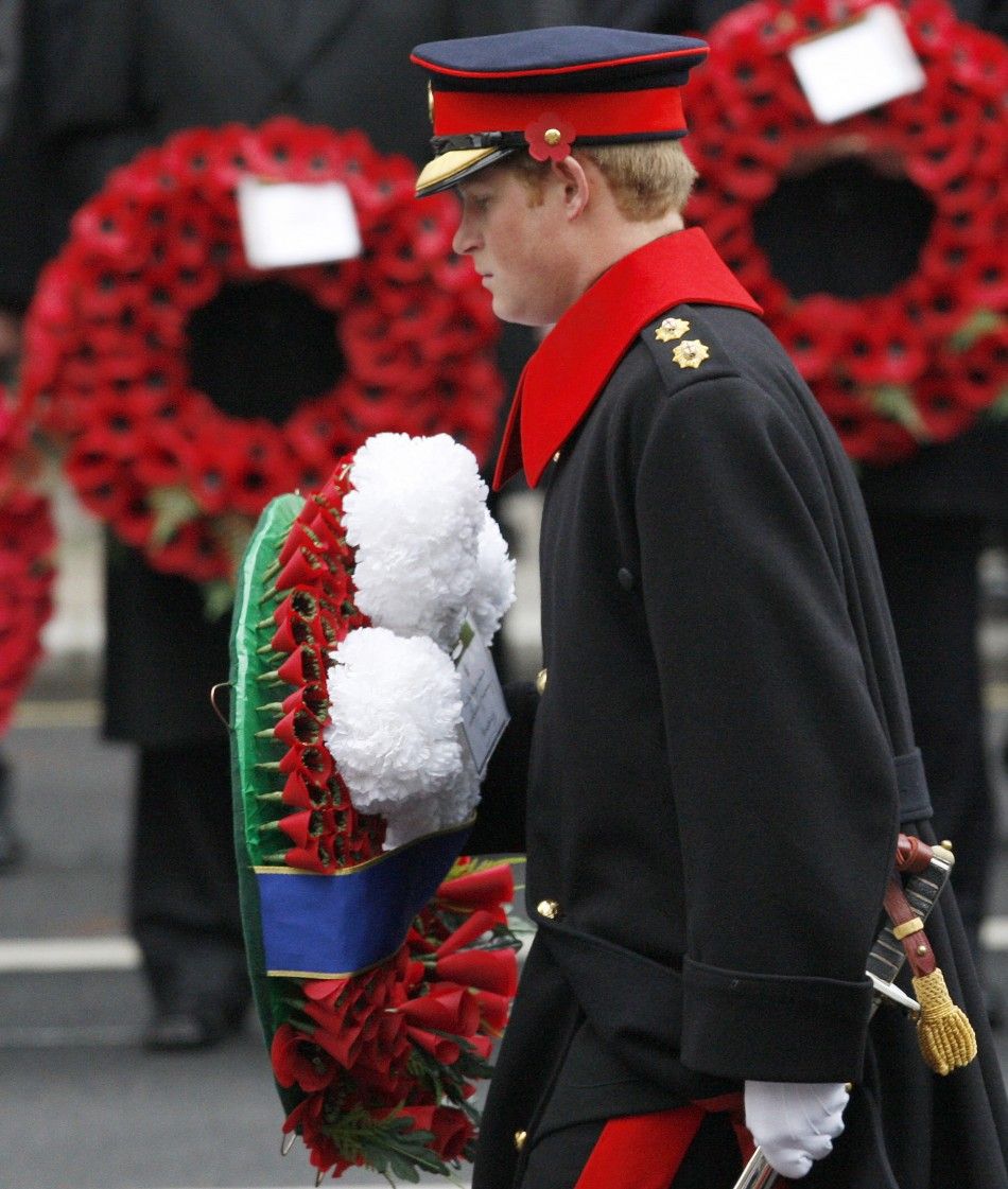 Britains Prince Harry prepares to lay a wreath at the Cenotaph during the annual Remembrance Sunday ceremony in Whitehall, in central London.