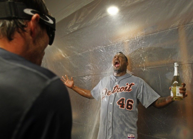 Detroit Tigers relief pitcher Valverde is showered with champagne